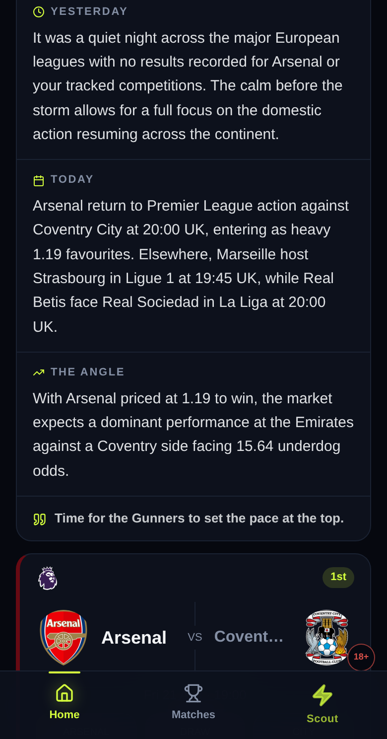 ScoutD home screen showing the daily briefing and a featured Arsenal vs Coventry City match with prices and a Scout Match button